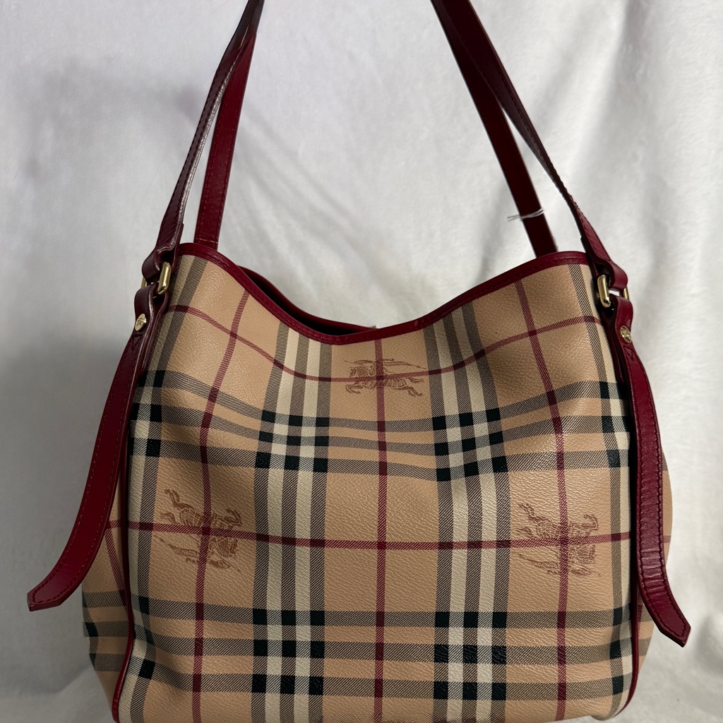 Burberry Tan Plaid Tote With Burgundy Trim